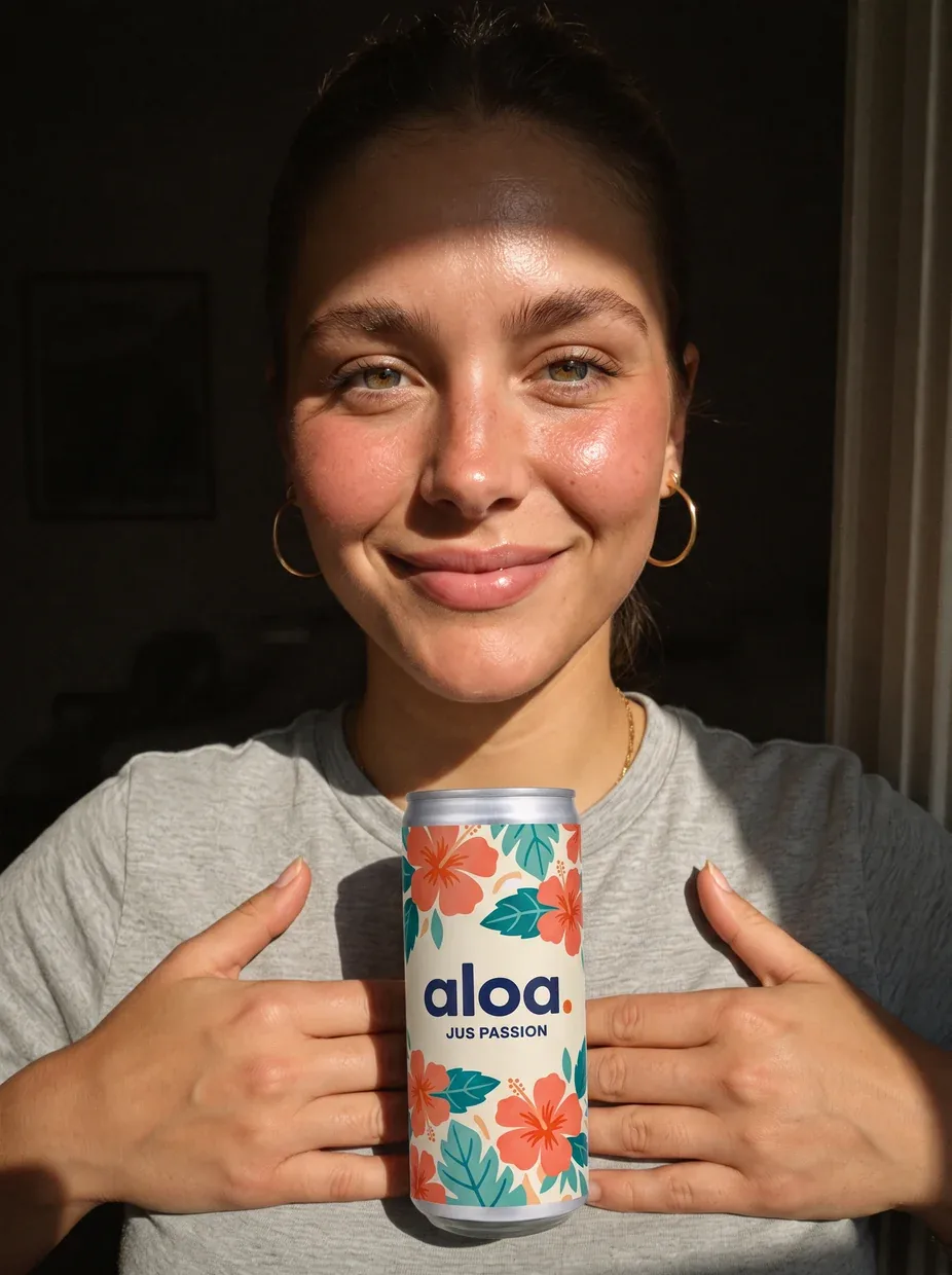 Elle tient la canette à deux mains dans l'embrasure