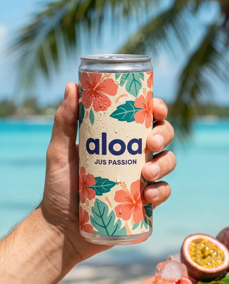 La canette tenue face au lagon, un fruit de la passion ouvert