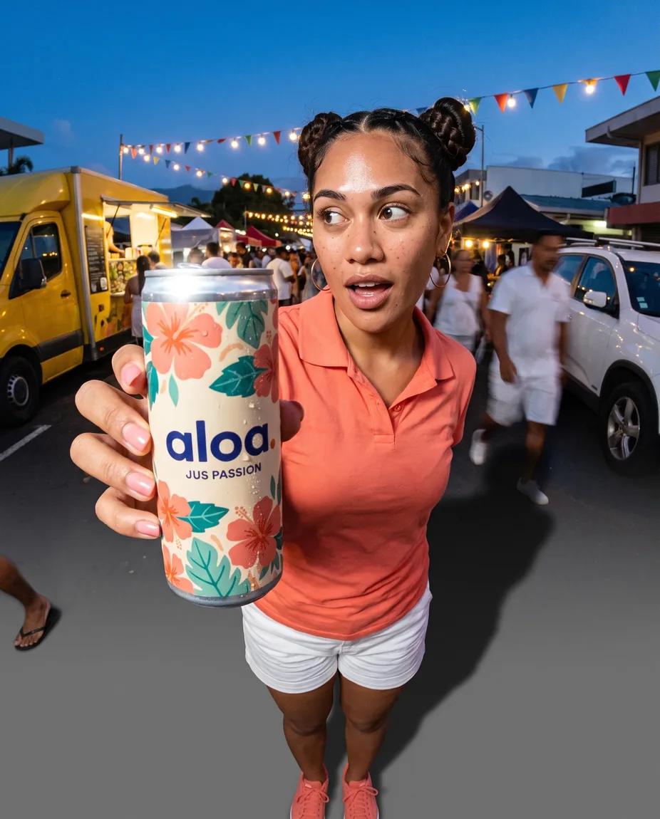 Au marché de nuit, elle tend la canette vers l'objectif