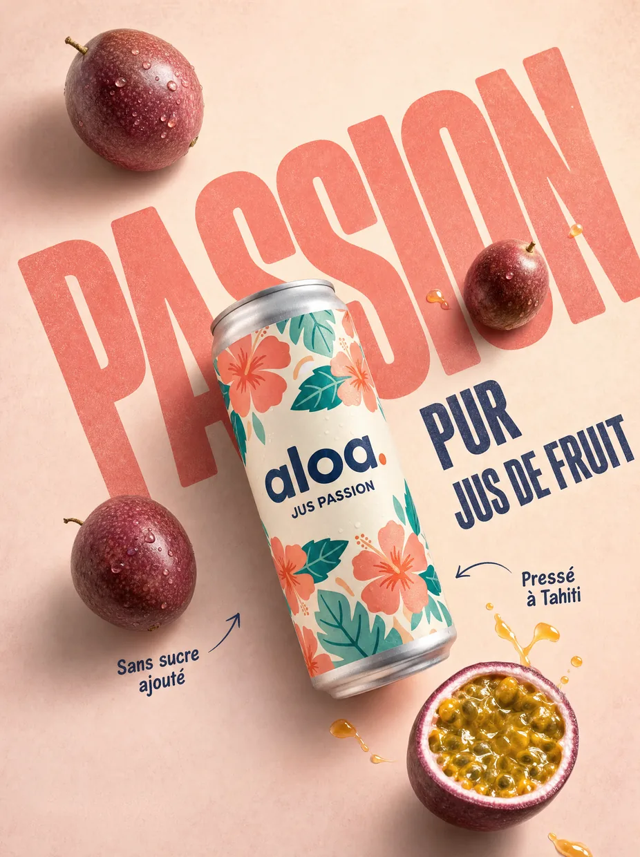 Passion, pur jus de fruit : la canette entre les fruits ouverts