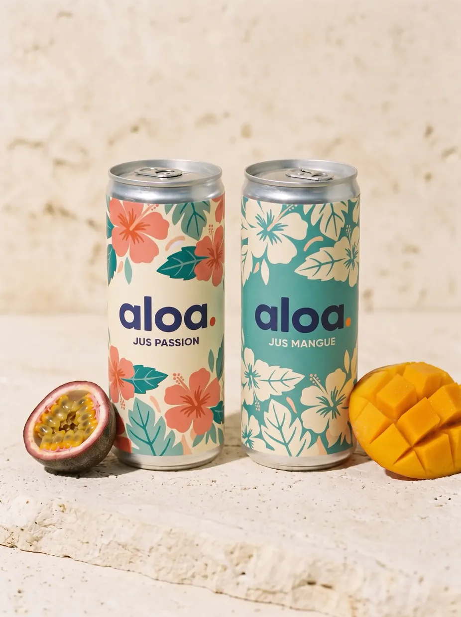 Les canettes passion et mangue côte à côte sur la pierre