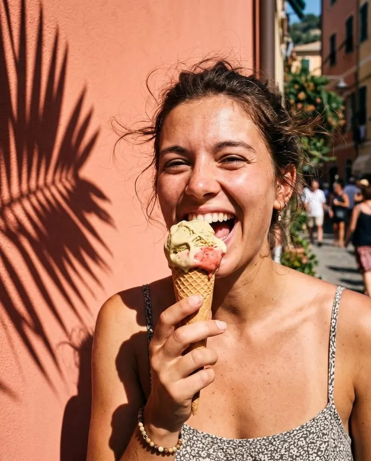 Publication : jeune femme croquant une glace contre un mur corail