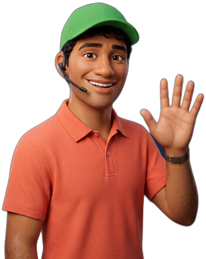 Teiki, l'agent IA d'Aloa en 3D, casquette verte, vous salue