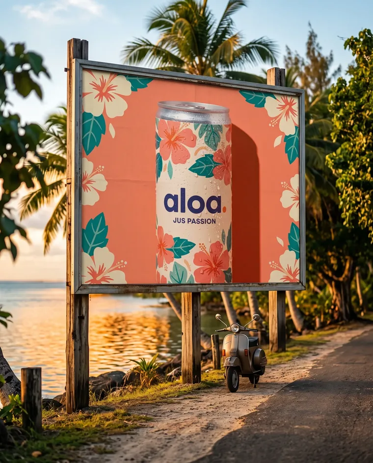 Panneau 4 × 3 au bord du lagon au coucher du soleil, à l'affiche la canette aloa
