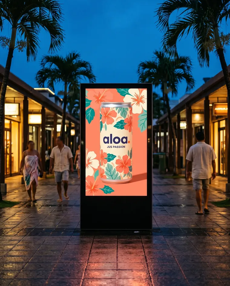 Écran totem sous une galerie bordée de palmiers, le soir, à l'affiche la canette aloa